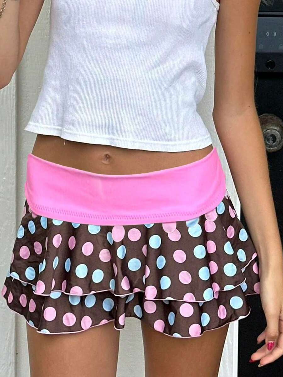 Layered Ruffle Mini Skirt For Women Summer Y2K Dots/Stripe/Heart Print/Solid Color Low Rise A-Line Tiered Short Skirts Party Club Beach Boho Skater Skirts - 彩色 - 查看 1