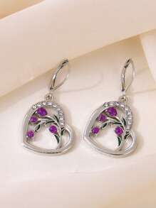 1 对银郁金香耳环紫色郁金香花吊坠耳环 - 纯银手工耳环，适合女士