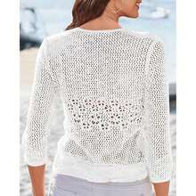 Womens Sheer Shrug Sweaters 3/4 Sleeve Open Front Tie Cardigan Bolero Jacket Lightweight Crochet Knit Cover Up Tops - 純白 - 查看 2