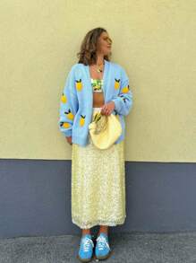 Senya 女士 3D 胡萝卜图案 V 领长袖针织开衫，浅蓝色浪漫休闲假日宽松套头衫外套，适合情人节、约会等场合