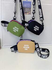1pc Unisex Letter Print Color Block Zipper Closure Multi-Pocket Casual Shoulder Bag, Suitable For Daily Use - A - View 2