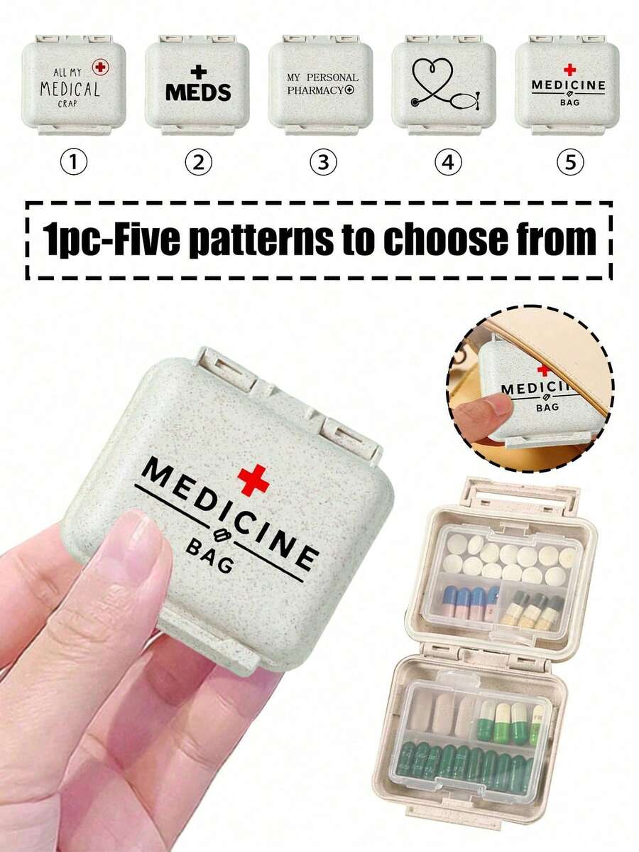 6格迷你便携药盒，小巧的6格药盒，米色小药盒（印有“药品”、“红十字”、“听诊器”、“药物”图案），可存放6天用药，旅行药盒，6格便携药盒