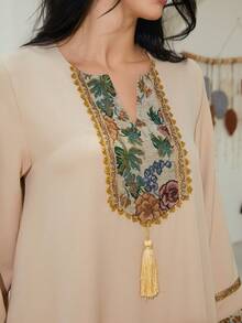 女士优雅V领蕾丝刺绣长袖卡夫坦连衣裙 - NC102 - 查看 3