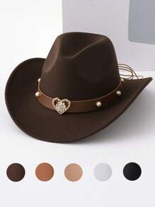 1pc Western Cowboy Hat Suitable For Both Men And Women, With A Detachable Heart-Shaped Pearl Hat Chain, Perfect For Casual Wear On A Daily Basis. It Is An Ideal Choice For Cowboy Parties And Bar Cowboys