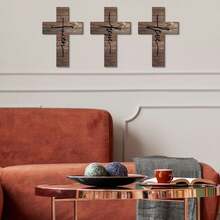 3 件信仰爱希望十字架木制壁挂，乡村田园十字架装饰，复古宗教爱墙艺术农舍家居装饰 - 彩色 - 查看 11