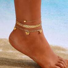 1pc Fashionable European & American Style Minimalist Beaded Heart Layered Anklet For Girl, Versatile Summer Accessory, New Creative Vintage Simplistic Double-Layer Heart Anklet