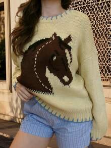 Women Casual Loose Sweaters Cute Horse Head Warm Pullover Basic Knitwear For Fall Streetwea