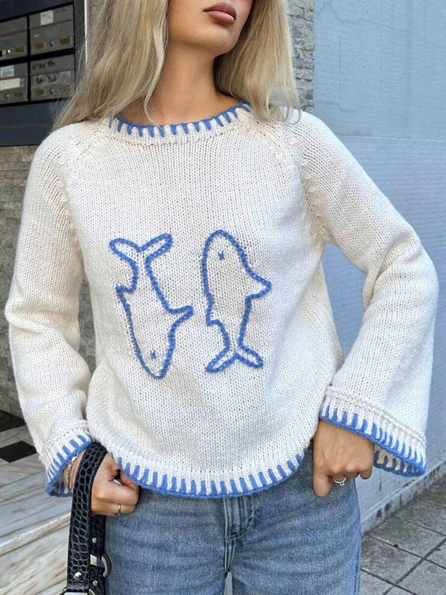 Women's Autumn Loose Sweater Fish Animal Pattern Long Sleeve Round Neck Knitwear Pullover