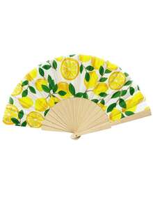 1pc Lemon Print Folding Fan, Spanish Wooden Fan, Portable Folding Fabric Lemon Bamboo Fan, Theme Party Decor Hand Fan, For Vacation/Theme Party, Bridal Shower, Wedding, Bridesmaid Gift, Halloween Costume Woman Accessories - Multicolor - View 4