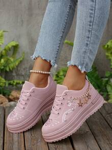 2025 Spring/Autumn New Platform Sneakers For Women, Thick Sole Casual Chunky Sneakers, Rhinestone Hook And Loop High Heel Wedge Sneakers - Pink - View 2