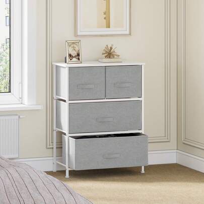 Chest Of Drawers, 4 Fabric Drawers Storage Unit With Wooden Top And Metal Frame, Cloth Storage Organizer For Bedroom Living Room Closet Hallway, Grey