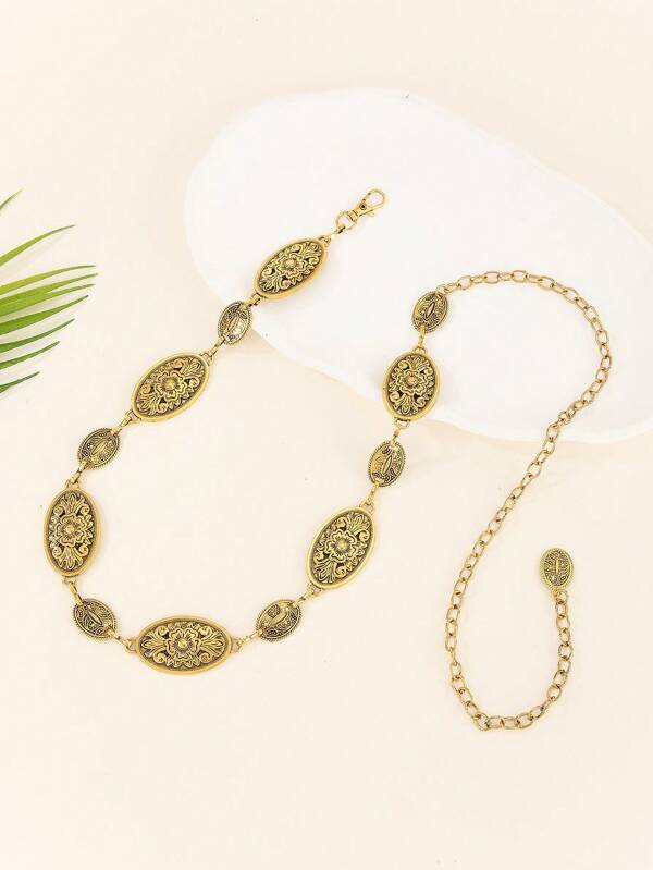 Cadena para la cintura de mujer de estilo europeo y americano de moda, accesorio minimalista para vestidos, cadena para la cintura de aleación de zinc con patrón geométrico bohemio, adecuada para bodas, fiestas, deportes, primavera/verano/otoño/invierno