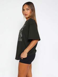 LOVE JOYY Women's T-Shirt With Shiny Rhinestone, Racing Element Letter Rhinestone Print T-Shirt, Bulinbulin Shiny Street Style T-Shirt, Casual Round Neck Short Sleeve T-Shirt, Fashion Everyday Wear, New Style - Black - View 3