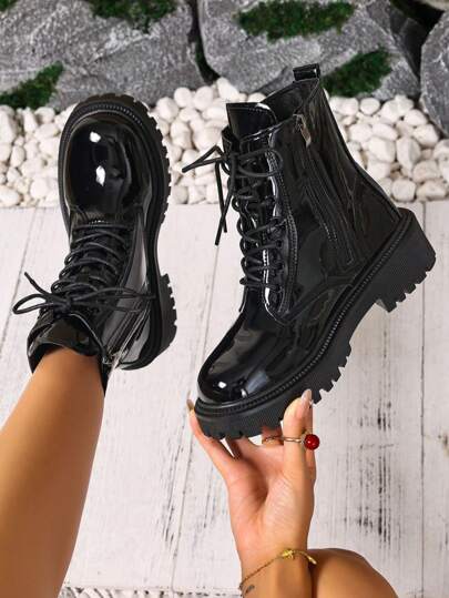 Women's Ankle Boots, Solid Color Basic Style With Side Zipper, College Style For Outdoor, Office, Halloween, Christmas Party, Wedding, Winter Season, Thick Sole Lace-Up Comfortable Back To School Boots, Minimalist Glossy Black Fashion Short Boots