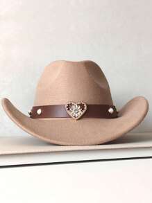 1pc Western Cowboy Hat Suitable For Both Men And Women, With A Detachable Heart-Shaped Pearl Hat Chain, Perfect For Casual Wear On A Daily Basis. It Is An Ideal Choice For Cowboy Parties And Bar Cowboys
