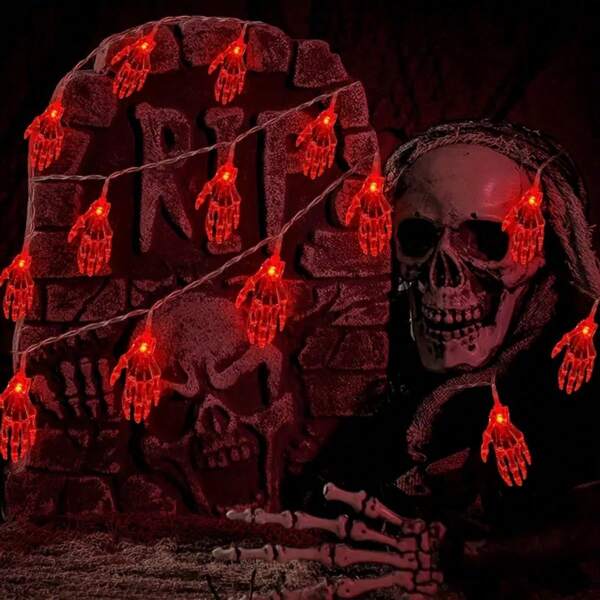 1 pieza Luz de cadena de 3m/118,11 pulgadas con 20 LED con forma de mano de esqueleto de Halloween a pilas, lámpara decorativa con atmósfera horrible de calavera, adecuada para decoración del hogar, jardín, sala de estar, patio, interior y exterior, actividades festivas de Halloween, decoración del hogar, decoración de fiestas, decoración de habitaciones, decoración de jardín de Halloween como regalo
