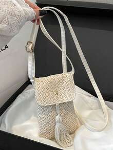 A Niche Design Straw-Woven Bag For Women In The Summer Of 2025, Featuring A Fashionable Single-Shoulder Crossbody Phone Bag And A Mini Square Woven Bag - Beige - View 5
