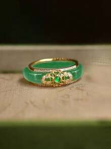 1pc Chinese Style Green Jade Inlaid Metal & Zirconia Ring, Fashionable High-End 18K Gold Band, Luxury & Versatile Gift For Women - Multicolor - View 16