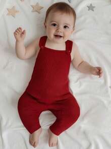 Baby Boy Knit Jumpsuits Sleeveless Square Neck Solid Color Rompers Overalls Newborn Outfit - 紅色 - 查看 4