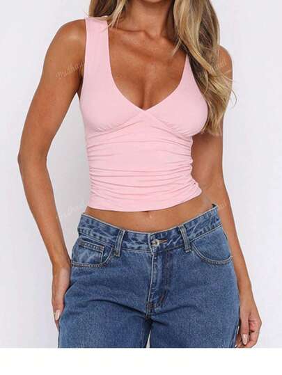 Budhaul Plain V-Neck Sexy Slim Streetwear Summer Vacation Club Going Out Camis Crop Top Colthes