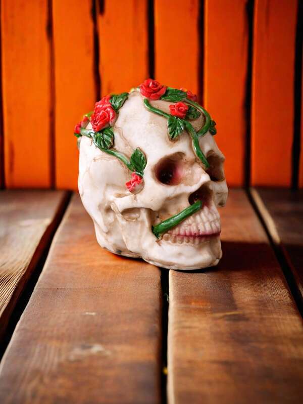 1 pieza Cráneo de rosa realista de resina esculpida, cabeza de cráneo, estatua de cráneo de cementerio de susurros fantasmales para decoración de Halloween, decoraciones de Halloween, regalos de Halloween