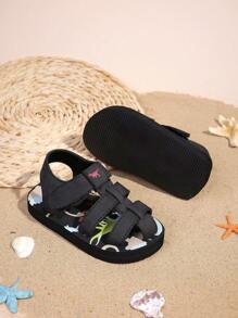 1双儿童男童可爱恐龙图案泡沫拖鞋，时尚百搭设计，适合日常穿着，可调节，轻便透气，防滑凉鞋 - 黑色 - 查看 2