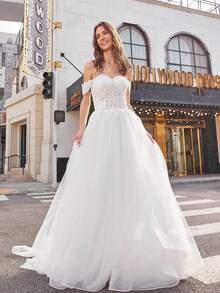 Elasola Elegantes vestidos de noche de encaje con cuello en V y abertura lateral para mujeres, vestidos de graduación de sirena brillante de encaje largo para bodas - Beis - Ver 1