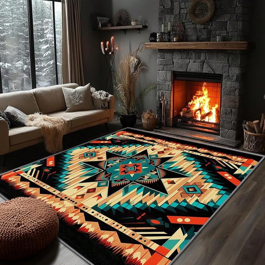 3x5 Rugs, 2x3 Rug, Southwestern Rustic Area Rug, Colorful Geometric Door, Washable & Non - Slip Small Carpet, Home Decor - Xanh ngọc lam Cam Be Đen - Xem 1