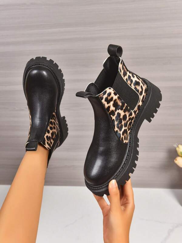 1 Pair Leopard Print Patchwork Western Style Chelsea Boots, Fashion Short Boots For Holiday Party, Casual & Comfortable, Autumn/Winter