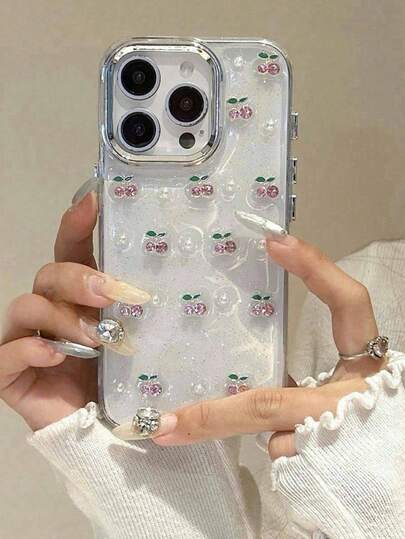 ピンクチェリーパール透明スマホケース、iPhone 16 Pro Max、15、14、13、12、11、16E、17対応、落下防止スマホ保護カバー1個