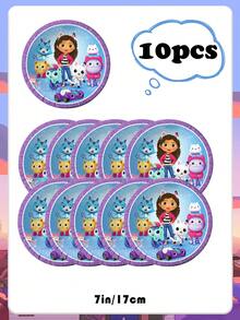 Gabby's Dollhouse 81-elementowy zestaw jednorazowej, dekoracyjnej zastawy stołowej w stylu fioletowym, w stylu domku dla lalek Gabby, w tym 10 szt. papierowych talerzyków, kubków, noży, widelców i łyżek o średnicy 7 i 9 cali, 20 szt. chusteczek higienicznych i obrusów, odpowiedni dla 10 osób na przyjęcia i spotkania. To niezbędna dekoracyjna zastawa stołowa na przyjęcia urodzinowe w stylu lalki Gabby, niezbędna dla fanów Gabby i dzieci na spotkaniach rodzinnych, Halloween, Boże Narodzenie i Święto Dziękczynienia.