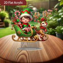 1pc 2D Flat Decorative Piece, Christmas Decor, Classic Fantasy Christmas Elf Sleigh And Reindeer Acrylic Desktop Decoration, 20cm Desktop Display Stand, Suitable For Home, Office And Shelf Decor, Holiday Fantasy Design, Perfect Christmas Gift And Holiday Decoration