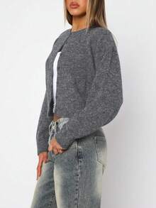 Casual Solid Color Minimalist Single-Breasted Crew Neck Cardigan Sweater, New Autumn Series, Women Autumn Apparel - Grey - View 4