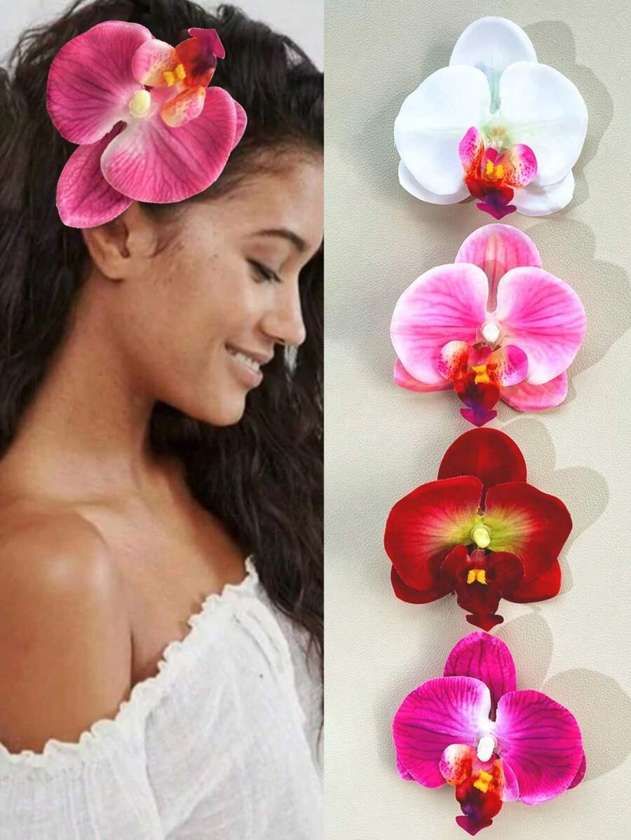 4pcs Floral Hair Clips, 4pcs Artificial Flower Hair Clips, Hibiscus & Lotus Flower Hair Clips, Suitable For Holiday, Beach Party, Summer Tropical Flower Hair Accessories, Great Gift For Girls, Claw Clips, Hair Claws, Hair Clips, Head Accessories - Multicolor - View 1
