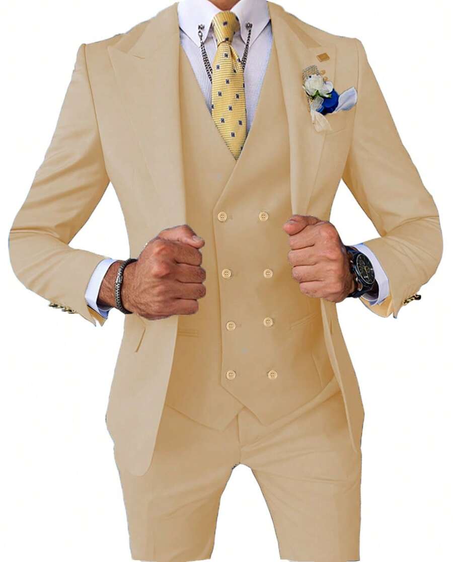 Three Pieces Mens Suit Formal Business Wedding Prom Suit Male Groom, Blazer+Vest+Pant, Slim Fit Tuxedo For Homecoming, Double Breasted, Long - Rượu sâm banh - Xem 1