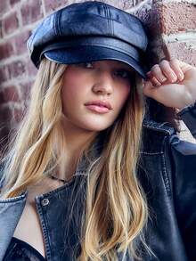 SHEIN MOD 1 件装女士黑色平顶贝雷帽，百搭 PU 画家贝雷帽，南瓜形状，秋冬款 - 彩色 - 查看 4