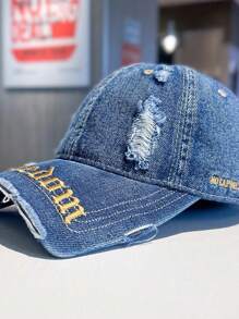 Back-To-School Season Star Same Style Fashion Retro Broken Hole Cool Embroidery Letter Baseball Cap Big Head Circumference American Cap Young Couple Fashion Street Curved Brim Hat Blocking Ultraviolet Sunshade Hat Outdoor Sports Wear Retro European And American Style Unisex Couple Baseball Cap