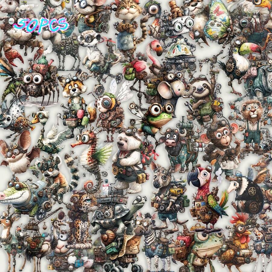 SCXXBSW 50pcs Punk Style Mechanical Animal Stickers DIY Decorative Luggage Guitar Notebook Creative Fun Cartoon Waterproof Stickers - Multicolor - View 1