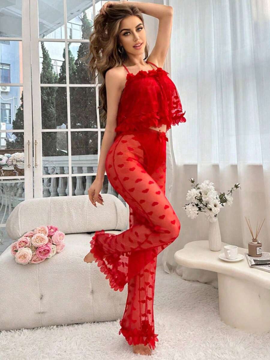 1 Conjunto de Lencería Sexy Nuevo, Lencería Sexy de Malla Transparente para Mujer, Pijama con Forma de Corazón Transparente, Ropa de Casa - Conjunto de Lencería Sexy, Ropa de Dormir Sexy, Camisón de Encaje Transparente, Ropa de Dormir de San Valentín, Vestido de Boudoir