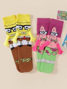 SPONGEBOB 1/2 Pair Cute Cartoon SpongeBob Magnetic Couple/Best Friends Mid-Calf Socks, Fashionable Daily Casual Wear & Date Outfit