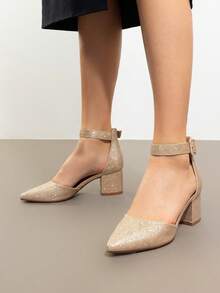 Women's Chunky Closed Toe Low Block Heels Dress Pointed Toe Ankle Strap Wedding Pump Shoes - Vàng lấp lánh - Xem 4