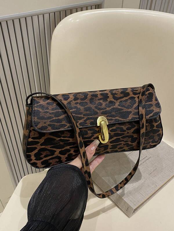 A Summer New Women's Bag, Retro Fashion Leopard Baguette Bag, Hardware Lock Buckle, Flap Opening, Small Capacity Lightweight Extremely Simple Shoulder Underarm Bag, New Fall Winter Tiger Print Bag For Women, New Fall Winter Cheetah Print Purse For Women