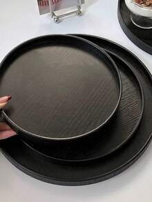 1 件黑色圆形木质托盘，高品质，适用于盛放食物、小吃、饮料、寿司、牛排、披萨、甜点、蛋糕、面包、早餐、咖啡、茶、熟食拼盘，适用于开斋节、圣诞节、万圣节 - 黑色 - 查看 5