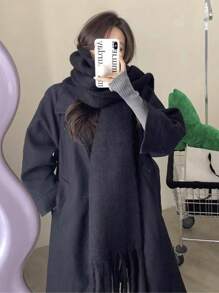 1pc Solid Color Scarf, Winter Warm Neck, Thickened Wool Knitted Thick Fringed Shawl, Can Be Worn