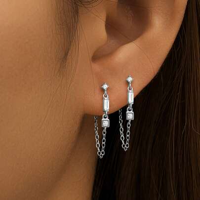 EleRunis 1对925纯银不对称耳钉，18K镀金双链流苏耳环，适合女性日常佩戴、婚礼、派对、订婚、周年纪念、情人节及其他场合。