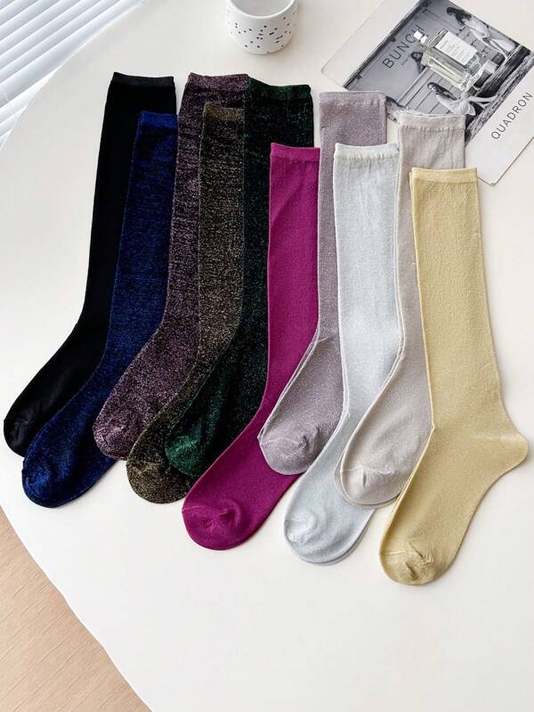 1 Pair Women's Fashionable Everyday Wear Glitter Shimmer Knee-High Socks