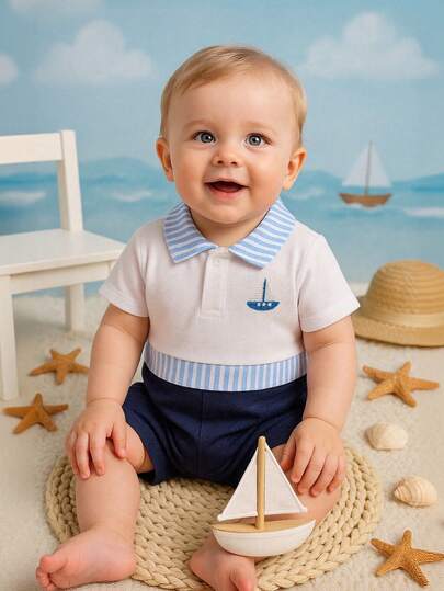 H HIBOBI 男婴二合一条纹拼布刺绣帆船短袖连体衣，夏季