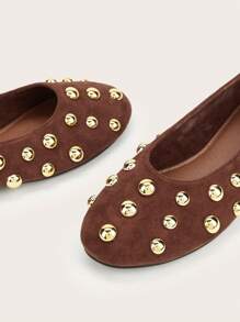 Fall/Winter Basic Cute Studded Office Casual Round Toe Rivet Decor Suede Flat Ballet Flats - Brown - View 4