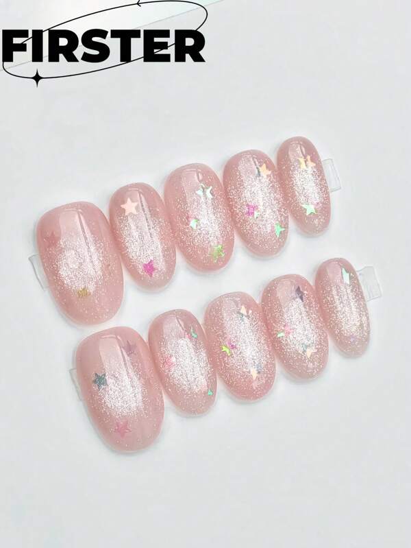 10pcs Cute Oval Handmade Press-On Nails,Short Nails,Pink Nails,Nail Supplies,Colorful Star Sticker Nails,Shiny Cat Eye Nails,Fake Nails,Nail Reusable Nail Art Design Nail Products For Women And Girls