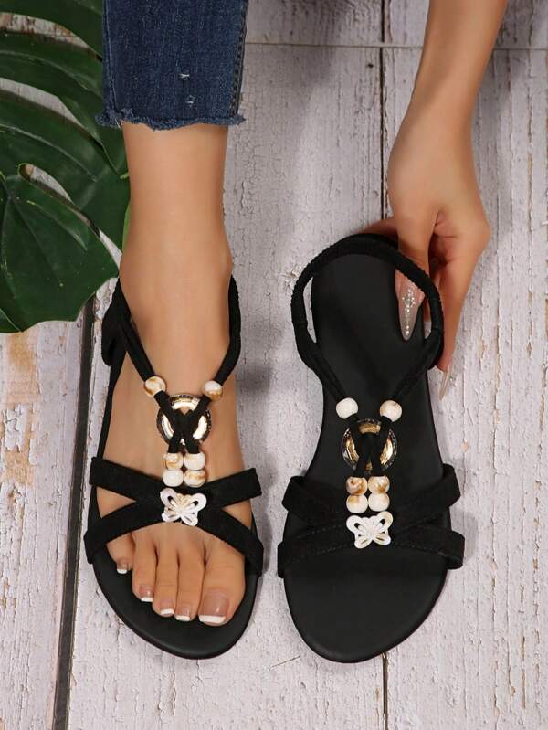 Women's Beach Woven Pearl Flat Sandals, Elastic Band Slip-On Sandals For Summer